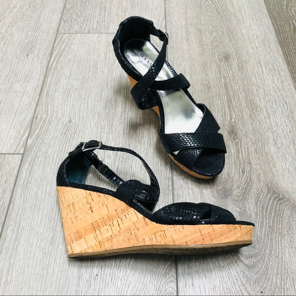 ALFANI SUEDE STRAPPY CORK WEDGE 4” HEEL OPEN TOE BLACK 7.5